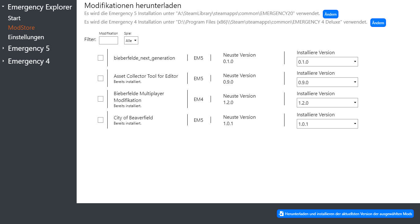 Picture of the Emergency Explorer ModStore, allowing direct download of Modifications